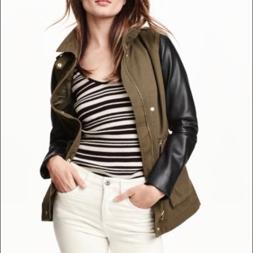 H&M Green Jacket with Leather Sleeves